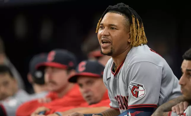 Cleveland Guardians third baseman José Ramírez watches during the second inning in Game 2 of an American League Championship Series baseball game against the Tampa Bay Rays in St. Petersburg, Fla. Tuesday, Oct. 13, 2026. (AP Photo/Phelan M. Ebenhack)