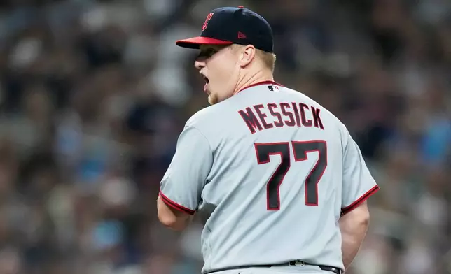 Cleveland Guardians pitcher Parker Messick reacts during the second inning in Game 2 of an American League Championship Series baseball game against the Tampa Bay Rays in St. Petersburg, Fla. Tuesday, Oct. 13, 2026. (AP Photo/David J. Phillip)
