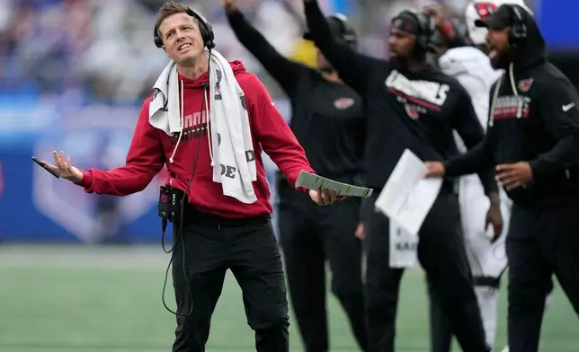 Arizona Cardinals head coach Mike LaFleur reacts at officials during an NFL football game against the New York Giants, in East Rutherford, N.J., Sunday, Oct. 4, 2026. (AP Photo/Seth Wenig)