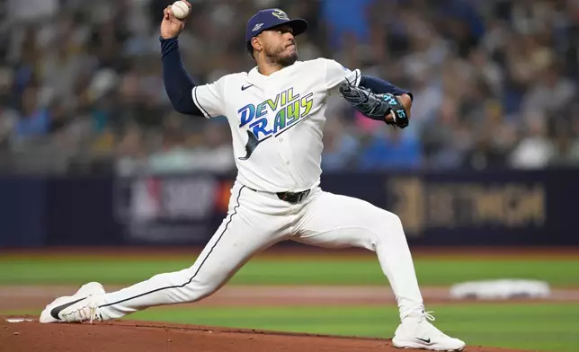 Tampa Bay Rays pitcher Freddy Peralta throws against the Cleveland Guardians during the first inning in Game 6 of an American League Championship Series baseball game in St. Petersburg, Fla. Monday, Oct. 19, 2026. (AP Photo/Phelan M. Ebenhack)