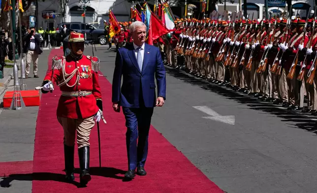 Chile's President Jose Antonio Kast arrives for a state visit at the government palace in La Paz, Bolivia, Friday, Oct. 16, 2026. (AP Photo/Juan Karita)