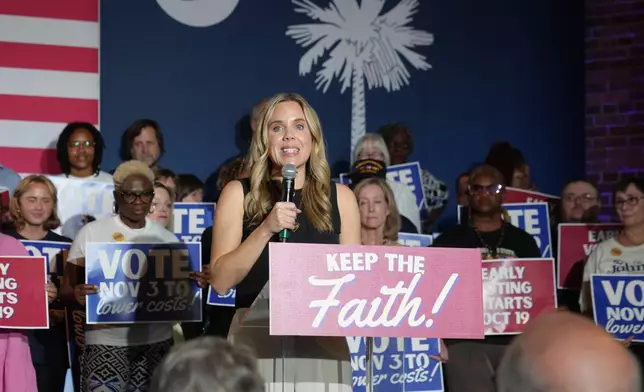Dr. Annie Andrews, Democratic nominee for U.S. Senate, participates in a Get Out the Vote rally with other Democratic nominees in the midterm elections Friday, Oct. 16, 2026, in Columbia, S.C. (AP Photo/Meg Kinnard)