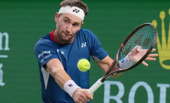 Norway's Casper Ruud returns a ball to Spain's Rafael Jodar during the men's singles quarterfinals match at the Shanghai Masters tennis tournament in Shanghai, China, Friday, Oct. 16, 2026. (AP Photo/Andy Wong)