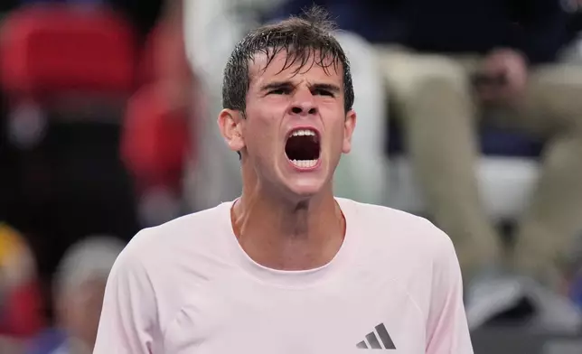 Spain's Rafael Jodar reacts after winning the men's singles quarterfinals match against Norway's Casper Ruud at the Shanghai Masters tennis tournament in Shanghai, China, Friday, Oct. 16, 2026. (AP Photo/Andy Wong)