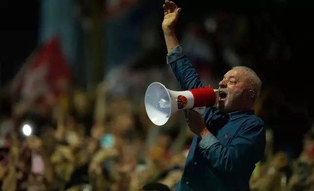 President Luiz Inacio Lula da Silva addresses supporters during a victory rally after winning a fourth term in the presidential runoff on Paulista Avenue in Sao Paulo, Brazil, Sunday, Oct. 25, 2026. (AP Photo/Natacha Pisarenko)