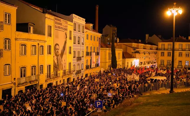 Protesters gather during a demonstration demanding affordable housing outside Portugal's Parliament in Lisbon, Tuesday, Oct. 27, 2026. (AP Photo/Armando Franca)
