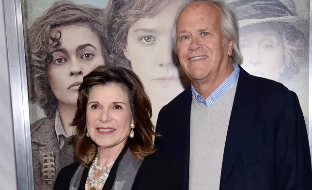 FILE - Susan Saint James, left, and Dick Ebersol attend the premiere for "Suffragette" in New York on Oct. 12, 2015. (Photo by Evan Agostini/Invision/AP, File)