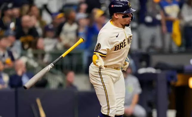 Milwaukee Brewers catcher William Contreras runs on a base hit during the eighth inning of Game 1 of baseball's World Series, Friday, Oct. 23, 2026, in Milwaukee, between the Milwaukee Brewers and the Tampa Bay Rays. (AP Photo/Ashley Landis)