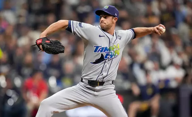 Tampa Bay Rays pitcher Steven Matz throws during the sixth inning of Game 1 of baseball's World Series, Friday, Oct. 23, 2026, in Milwaukee, between the Milwaukee Brewers and the Tampa Bay Rays. (AP Photo/Ashley Landis)
