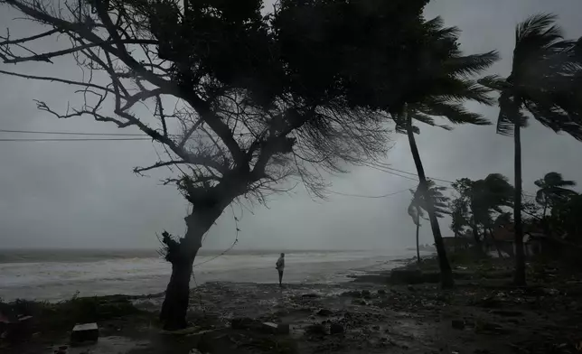 A fisherman stands on the shore in Kakinada, India, after Cyclone Arnab made landfall along the Andhra Pradesh coast early Wednesday, Oct. 28, 2026. (AP Photo/Mahesh Kumar A.)