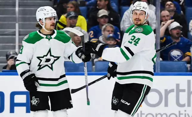 Dallas Stars center Sam Steel, left, celebrates with center Roope Hintz (24) after scoring during the second period of an NHL hockey game against the Buffalo Sabres, Thursday, Oct. 8, 2026, in Buffalo, N.Y. (AP Photo/Adrian Kraus)