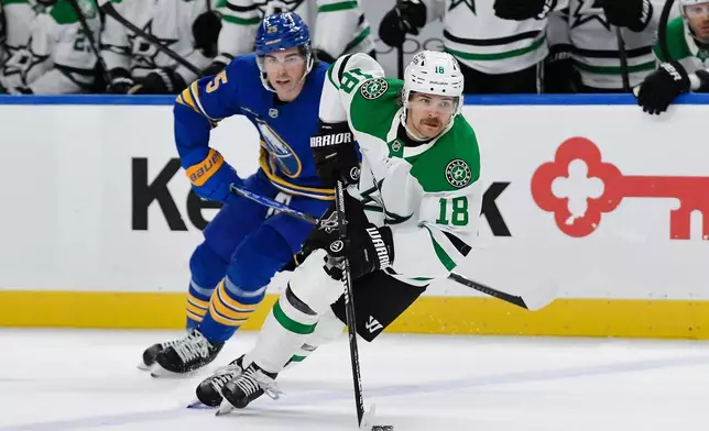 Dallas Stars center Sam Steel, right, skates the puck away from Buffalo Sabres defenseman Owen Power during the second period of an NHL hockey game Thursday, Oct. 8, 2026, in Buffalo, N.Y. (AP Photo/Adrian Kraus)