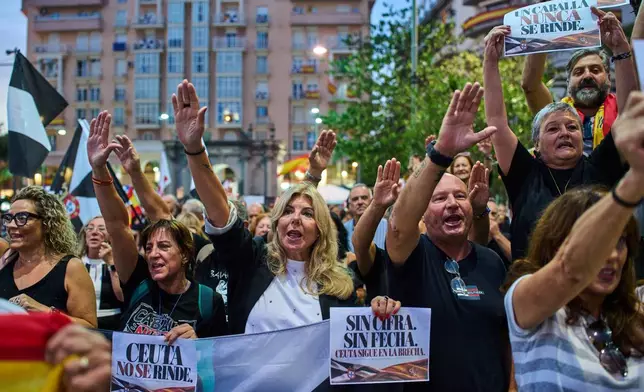 Local residents protest the Spanish government's handling of the Ceuta border crisis, two months after it occurred, in the Spanish enclave of Ceuta, Wednesday, Sept. 30, 2026. Banners read in Spanish: "Ceuta does not give up". (AP Photo/Bernat Armangue)