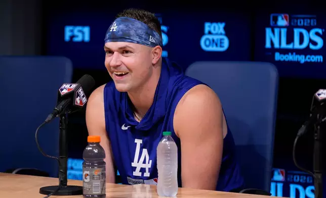 Los Angeles Dodgers pitcher Tarik Skubal speaks during a news conference ahead of a baseball NL Division Series Friday, Oct. 2, 2026, in Los Angeles. (AP Photo/Mark J. Terrill)