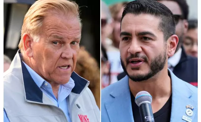 This combination photo of images taken in Detroit shows Senate nominees Republican Mike Rogers, Aug. 20, 2026, left, and Democrat Abdul El-Sayed, Aug. 19, 2026. (AP Photos/Paul Sancya)