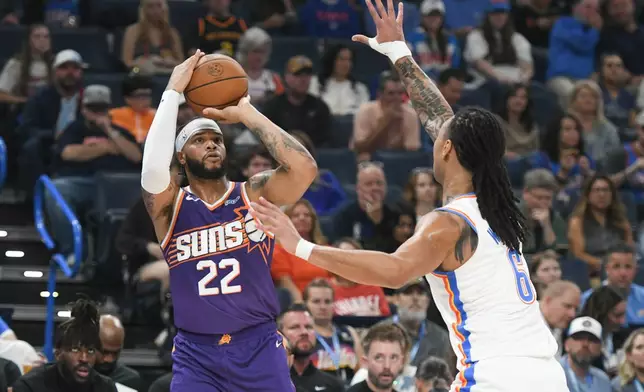 Phoenix Suns forward Miles Bridges (22) looks to shoot over Oklahoma City Thunder forward Jaylin Williams (6) during the first half of an NBA basketball game, Monday, Oct. 26, 2026, in Oklahoma City. (AP Photo/Kyle Phillips)