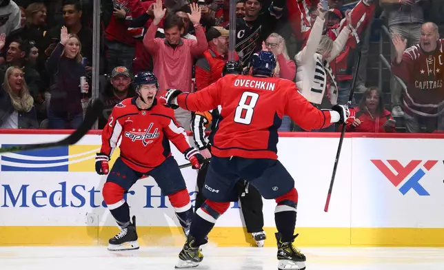 Washington Capitals right wing Anthony Beauvillier, left, celebrates his goal with left wing Alex Ovechkin (8) during the first period of an NHL hockey game against the Pittsburgh Penguins, Wednesday, Oct. 7, 2026, in Washington. (AP Photo/Nick Wass)
