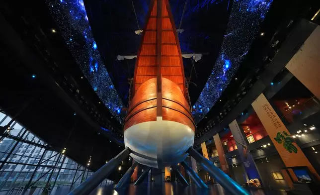 A 17th century Spanish galleon called Espiritu Santo, measuring 40-meters-long, 30-meters-high and 10-meters-wide, sits as the centerpiece of Museo del Galeon in Manila, Philippines on Friday, Aug. 28, 2026. (AP Photo/Aaron Favila)