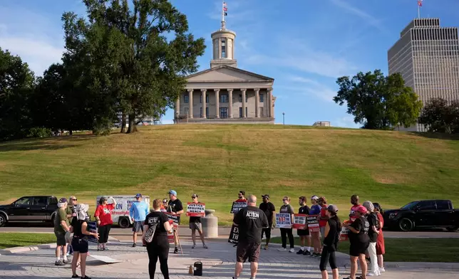 People gather during a March 4 Mercy protest against the death penalty at the Tennessee State Capitol, Sunday, Sept. 27, 2026, in Nashville, Tenn. ahead of the Sept. 30th scheduled execution of Christa Pike. (AP Photo/George Walker IV)