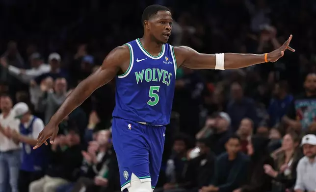 Minnesota Timberwolves guard Anthony Edwards celebrates scoring during the first half of an NBA basketball game against the Toronto Raptors, Sunday, Oct. 25, 2026, in Minneapolis. (AP Photo/Bailey Hillesheim)