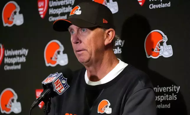 Cleveland Browns head coach Todd Monken speaks during a news conference after an NFL football game against the New York Jets, Sunday, Oct. 11, 2026, in East Rutherford, N.J. (AP Photo/Yuki Iwamura)