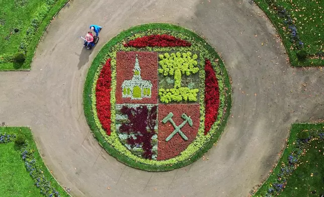 A woman in a wheelchair is pushed around the Gelsenkirchen city coat of arms, fashioned from flowers, in a park in Gelsenkirchen, Germany, on a sunny autumn day Wednesday, Oct. 14, 2026. (AP Photo/Martin Meissner)