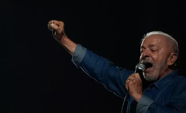 President Luiz Inacio Lula da Silva addresses supporters during a victory rally after winning a fourth term in the presidential runoff on Paulista Avenue in Sao Paulo, Brazil, Sunday, Oct. 25, 2026. (AP Photo/Natacha Pisarenko)