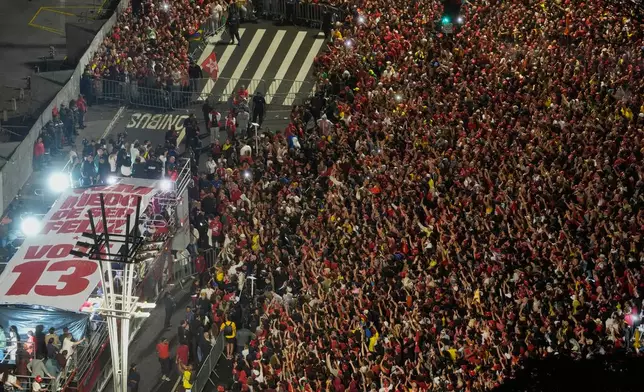 President Luiz Inacio Lula da Silva addresses supporters during a victory rally after winning a fourth term in the presidential runoff on Paulista Avenue in Sao Paulo, Brazil, Sunday, Oct. 25, 2026. (AP Photo/Andre Penner)