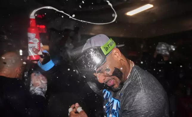 Tampa Bay Rays' Yandy Díaz celebrates the team's win in Game 3 of baseball's American League Division Series against the New York Yankees, Wednesday, Oct. 7, 2026, in New York. (AP Photo/Seth Wenig)