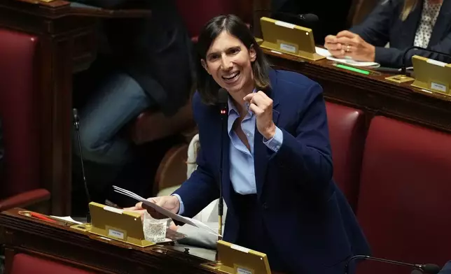 Democratic Party leader Elly Schlein delivers her speech during a Chamber of Deputies meeting ahead of the final vote on the electoral law bill in Rome, Thursday, Oct. 8, 2026. (AP Photo/Andrew Medichini)