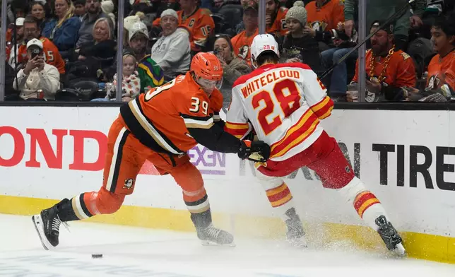 Anaheim Ducks left wing Jeff Malott (39) checks Calgary Flames defenseman Zach Whitecloud (28) during the second period of an NHL hockey game, Tuesday, Oct. 13, 2026, in Anaheim, Calif. (AP Photo/Kyusung Gong)