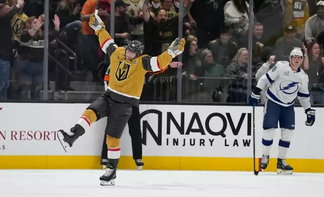 Vegas Golden Knights left wing Ivan Barbashev (49) celebrates after scoring against the Tampa Bay Lightning during the first period of an NHL hockey game Tuesday, Oct. 20, 2026, in Las Vegas. (AP Photo/John Locher)
