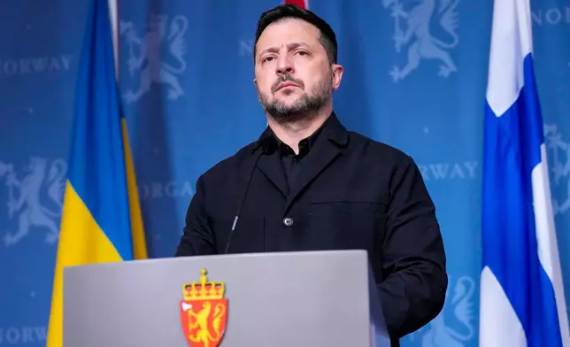 Ukrainian President Volodymyr Zelensky speaks during a press conference on Tuesday, Oct. 20, 2026 in Oslo, Norway. (Lise Åserud/NTB Scanpix via AP)