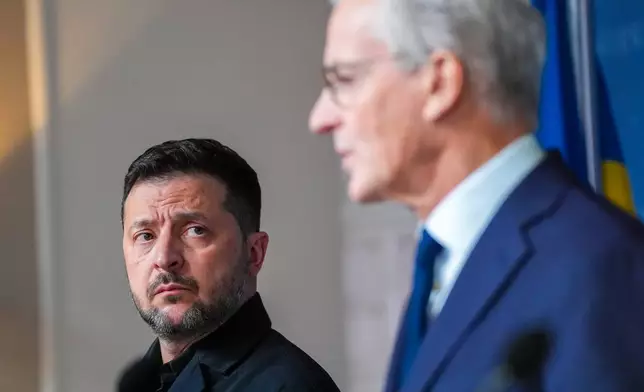 Ukrainian President Volodymyr Zelenskyj and Prime Minister Jonas Gahr Støre speak during a press conference on Tuesday, Oct. 20, 2026 in Oslo, Norway. (Lise Åserud /NTB Scanpix via AP)