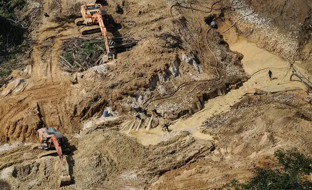 Illegal mining is visible in the Saamaka territory of the Amazon rainforest in Suriname, Wednesday, Sept. 30, 2026. (AP Photo/Ivan Valencia)