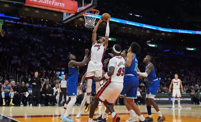 Miami Heat forward Giannis Antetokounmpo (7) goes for the basket during the first half of an NBA basketball game, Wednesday, Oct. 21, 2026, in Miami. (AP Photo/Rebecca Blackwell)
