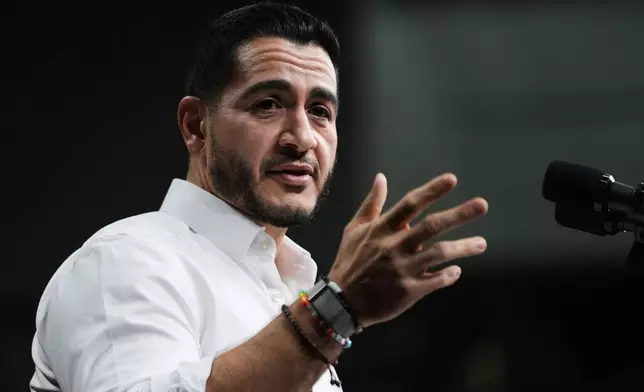 Michigan Democratic nominee for U.S. Senate Abdul El-Sayed, speaks to supporters during a campaign rally at Cass Technical High School Saturday, Oct. 24, 2026, in Detroit.(AP Photo/Paul Sancya)