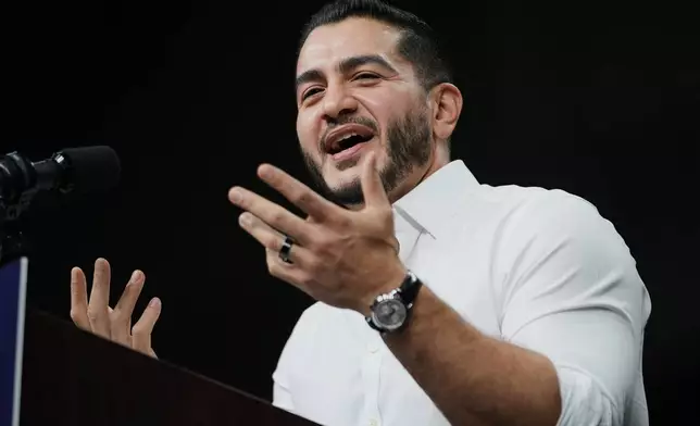 Michigan Democratic candidate, for U.S. Senate Abdul El-Sayed, speaks to supporters during a campaign rally at Cass Technical High School Saturday, Oct. 24, 2026, in Detroit.(AP Photo/Paul Sancya)