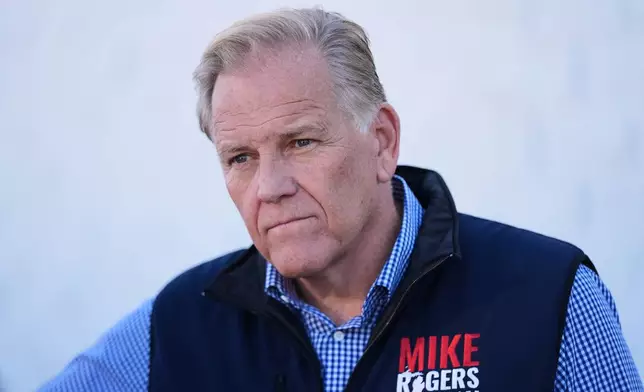 Republican nominee for U.S. Senate Mike Rogers appears during a campaign event Wednesday, Oct. 21, 2026, in Sterling Heights, Mich. (AP Photo/Paul Sancya)