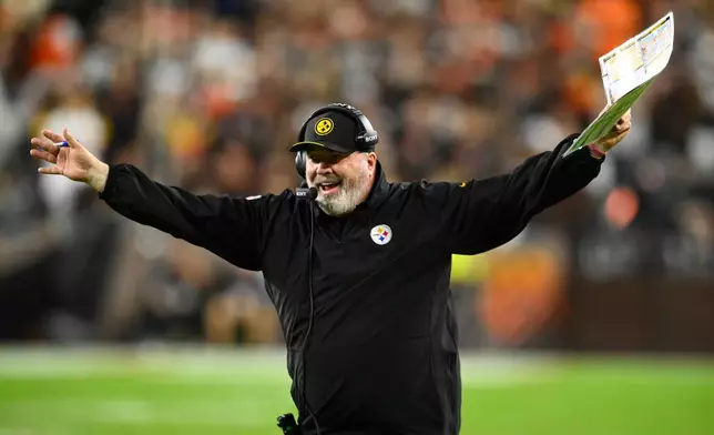 Pittsburgh Steelers head coach Mike McCarthy reacts during the second half of an NFL football game against the Cleveland Browns in Cleveland, Thursday, Oct. 1, 2026. (AP Photo/David Richard)