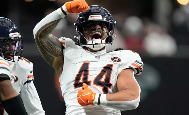 Chicago Bears linebacker Noah Sewell (44) celebrates after a play against the Atlanta Falcons during the first half of an NFL football game in Atlanta, Sunday, Oct. 18, 2026. (AP Photo/Brynn Anderson)