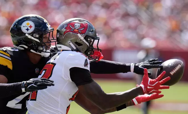 Pittsburgh Steelers cornerback Daylen Everette (23) knocks the ball away from Tampa Bay Buccaneers wide receiver Ted Hurst III (17) during the first half an NFL football game in Tampa, Fla., Sunday, Oct. 18, 2026. (AP Photo/Chris O'Meara)