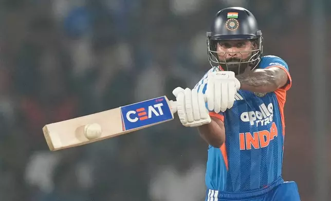 India's captain Shreyas Iyer plays a shot during the fourth T20 cricket match between India and West Indies in Hyderabad, India, Wednesday, Oct. 14, 2026. (AP Photo/Mahesh Kumar A.)