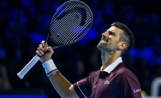 Serbia's Novak Djokovic during his round of sixteen match against Germany's Jan-Lennard Struff at the Swiss Indoors tennis tournament in Basel, Switzerland, Thursday Oct. 29, 2026. (Georgios Kefalas/Keystone via AP)