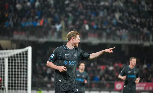 Napoli's Kevin De Bruyne celebrates after scoring a goal during the Serie A soccer match between AC Monza and SSC Napoli, Wednesday, Oct. 28, 2026, in Monza, Italy. (Tiziano Ballabio/LaPresse via AP)