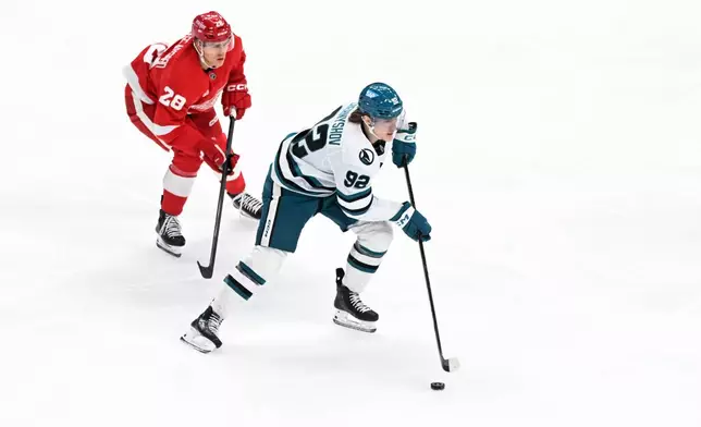 San Jose Sharks left wing Igor Chernyshov, right, prepares to pass in front Detroit Red Wings right wing Michael Brandsegg-Nygård during the first period of an NHL hockey game, Saturday, Oct. 17, 2026, in Detroit. (AP Photo/Jose Juarez)