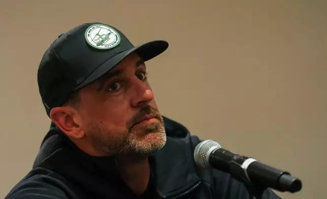 Pittsburgh Steelers quarterback Aaron Rodgers speaks during a press conference in Paris, Friday, Oct. 23, 2026. (AP Photo/Aurelien Morissard)