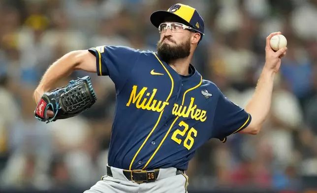 Milwaukee Brewers pitcher Aaron Ashby throws during the ninth inning of Game 4 of baseball's World Series, Tuesday, Oct. 27, 2026, in St. Petersburg, Fla., between the Milwaukee Brewers and the Tampa Bay Rays. (AP Photo/Ashley Landis)