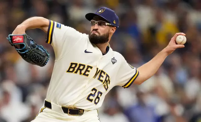 Milwaukee Brewers pitcher Aaron Ashby throws during the eighth inning of Game 2 of baseball's World Series, Saturday, Oct. 24, 2026, in Milwaukee, between the Milwaukee Brewers and the Tampa Bay Rays. (AP Photo/Ashley Landis)