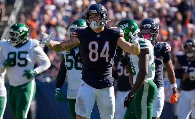 Chicago Bears tight end Colston Loveland celebrates during the second half of an NFL football game against the New York Jets Sunday, Oct. 4, 2026, in Chicago. (AP Photo/Nam Y. Huh)